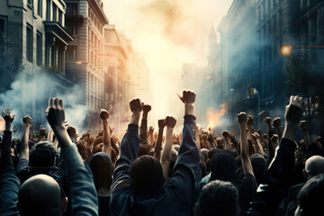 Group of protestors with their fists raised up in the air. Activists protesting on the street. Financial crisis - obrazy, fototapety, plakaty