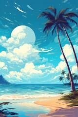 Illustration of a serene and colorful beach