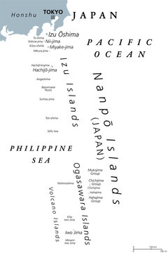 Nanpo Islands, island groups of Japan, gray political map. Volcanic islands located in the Pacific east of Philippine Sea, south of Japanese archipelago, comprising Izu, Ogasawara and Volcano Islands.