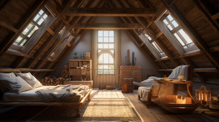 Attic with a skylight and a plush daybed and exposed wood beams  - obrazy, fototapety, plakaty