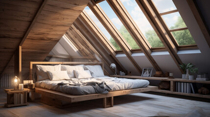 Attic with a skylight and a plush daybed and exposed wood beams