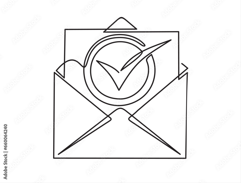 Poster continuous one line drawing of opened envelope and document with check mark. official confirmation m