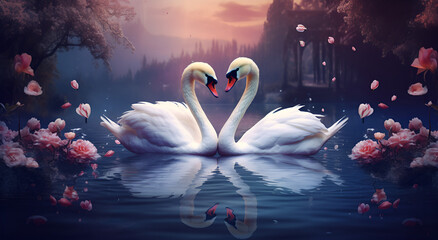A picture of two swans in the pond, at night,two swans in the lake,

