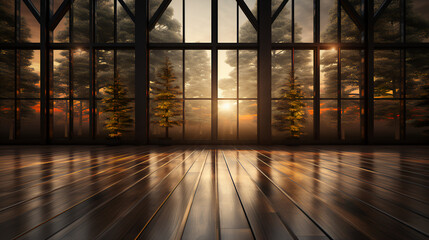 Wood floors - sunset - sunrise - large windows - trees - low angle angle shot - worm’s eye view - empty room - dramatic stylish. - cabin - vacation - holiday - Christmas  - obrazy, fototapety, plakaty