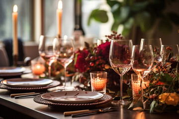 Fototapeta na wymiar Dining table set up with wineglasses and tableware for an evening Thanksgiving dinner party
