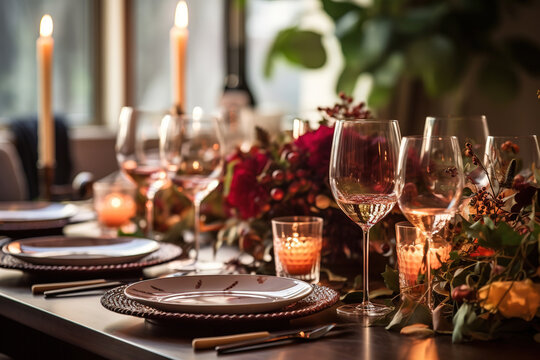 Dining table set up with wineglasses and tableware for an evening Thanksgiving dinner party