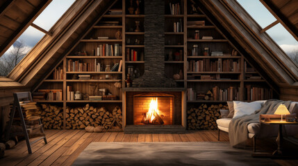 Attic with a wood-burning fireplace and a rustic bench and a wall of bookshelves