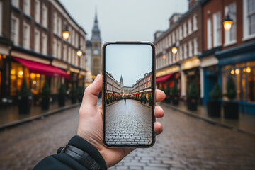 Close up of a hand holding a mobile phone and taking a picture of London