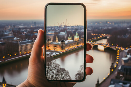Close up of a hand holding a mobile phone and taking a picture of London