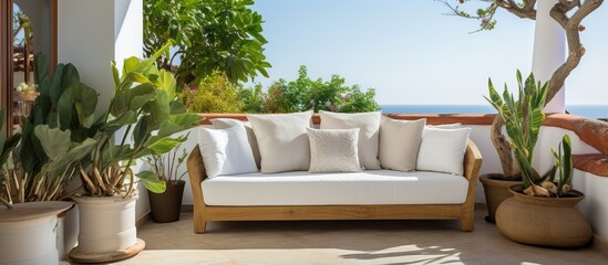A veranda holds a white sofa adorned with pillows