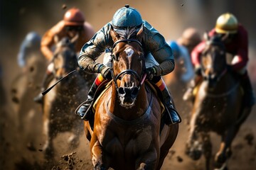 Racehorses and jockeys fiercely contend for the first place position - obrazy, fototapety, plakaty