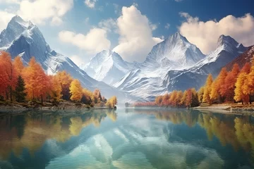 Foto op Canvas autumn landscape with autumn trees and majestic mountains. Beautiful panorama of the autumn foliage in the lake with beautiful reflection. © arhendrix