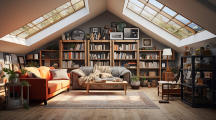 Attic with an eclectic mix of furniture and a wall of bookshelves and a skylight 