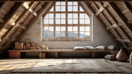 Obraz premium Attic with an area rug and a rustic wooden bench and a wall of windows 
