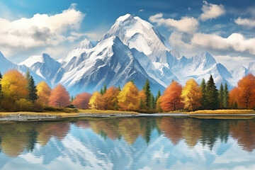 autumn landscape with autumn trees and majestic mountains. Beautiful panorama of the autumn foliage in the lake with beautiful reflection.