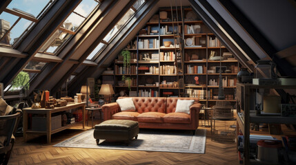 Attic with an eclectic mix of furniture and a wall of bookshelves and a skylight 
