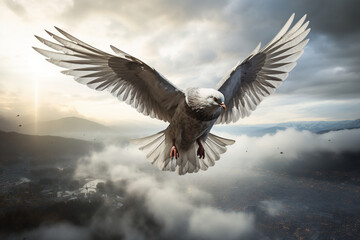 Photograph two pigeons soaring above the clouds, their wings creating elegant shapes against the fluffy white backdrop, conveying a sense of elevation and majesty.