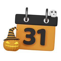 Halloween date calendar. Pumpkin lantern, skeleton isolated on white background. 3D illustration render.