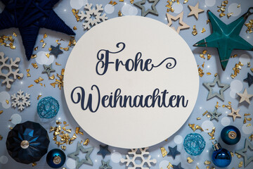 Text Frohe Weihnachten, Means Merry Christmas, Blue Flatlay, Christmas, Winter