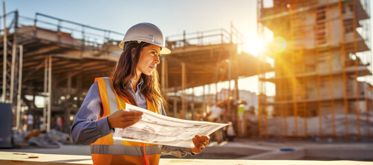 A professional female engineer wearing a hard hat and holding a blueprint, ready to oversee a construction project.