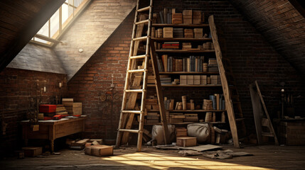 Attic with exposed brick walls and a rustic wooden ladder and a collection of old books