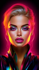 Naklejka na ściany i meble Generative AI neon light Beautiful supermodel face pictures