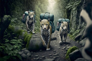 in a world of anthropomorphic animals wearing jackets and backpacks hiking up a steep cliff trail in the jungle photo realistic award winning reality  - obrazy, fototapety, plakaty