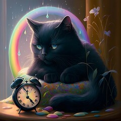 a new morning has come morning of hope A lazy black cat looks up at the sky rainbow shines A cute clock announces four oclock Roses are shining in the morning dew cutepopfantasy3Drtro crayon pastel 