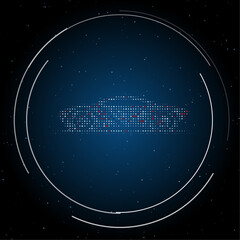 The future car symbol filled with white dots. Pointillism style. Some dots is red. Vector illustration on blue background with stars