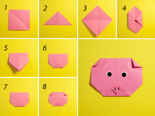 Step by step photo instruction how to make origami paper pig. Simple diy kids children's concept.