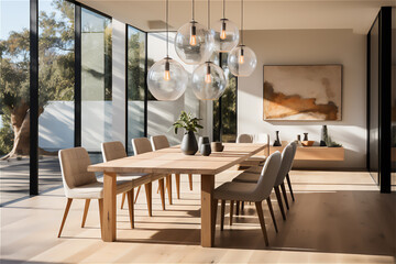 Minimalist Dining Area. A minimalist dining room with a sleek table, modern chairs, and pendant lighting, demonstrating how simplicity enhances the dining experience - obrazy, fototapety, plakaty