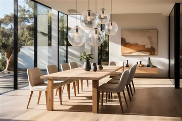 Foto op Plexiglas Minimalist Dining Area. A minimalist dining room with a sleek table, modern chairs, and pendant lighting, demonstrating how simplicity enhances the dining experience © Smit