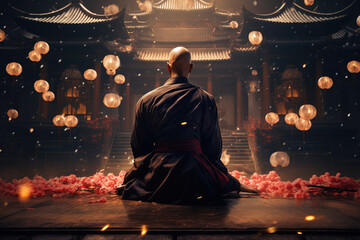 Asian monk in a Buddhist temple. Religious concept. - obrazy, fototapety, plakaty