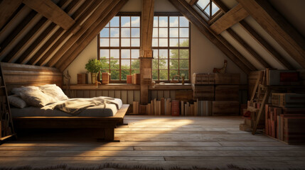 Fototapeta na wymiar Attic with exposed rafters and a cozy window seat and a skylight
