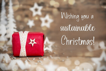 Text Wishing You A Sustainable Christmas, With Christmas Gift, Winter Background