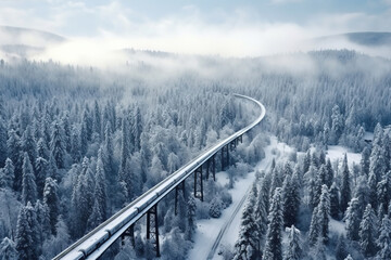 Aerial view of passenger train over railroad bridge and beautiful snowy forest in winter. Winter landscape in mountains with railroad, moving train, foggy trees. Top view. Railway station