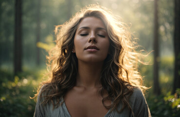 relaxed woman breathing fresh air with her eyes closed against a background of nature