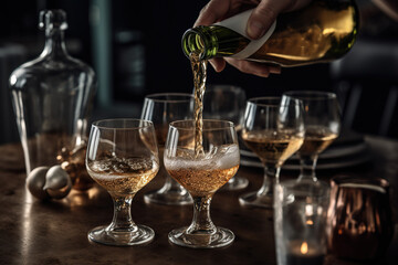 A drink server pouring out a glass of champagne, concept of Bubbly beverage