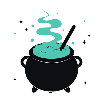 Cauldron with green witch poison. Scary Devils Cauldron Halloween Decoration. Vector cute illustration of black witch pot in trendy colors for postcard, flyer, banner. Happy Halloween.