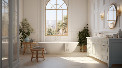 Fototapeta na wymiar Bathroom with a double vanity and a mosaic tile floor and a freestanding bathtub