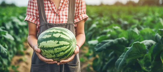 A farmer's hands cradle a freshly harvested watermelon, its vibrant green skin and sweet promise of summer captured in this image of nature's bounty. - obrazy, fototapety, plakaty