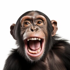 Happy laughing chimpanzee isolated on white, funny animal portrait.
