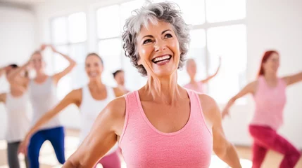 Store enrouleur occultant sans perçage Fitness happy senior women doing group exercises, joyful ladies dancing with friends in dancing studio, with copy space. 