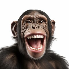 Happy laughing chimpanzee isolated on white, funny animal portrait.
 - obrazy, fototapety, plakaty