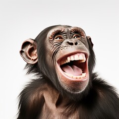 Happy laughing chimpanzee isolated on white, funny animal portrait.
