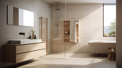 Bathroom with a floating vanity and a rainfall showerhead and a built-in mirror