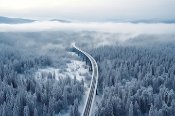 Aerial view of passenger train over railroad bridge and beautiful snowy forest in winter. Winter landscape in mountains with railroad, moving train, foggy trees. Top view. Railway station - obrazy, fototapety, plakaty
