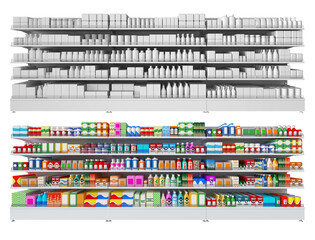 Shelf rack, display case in a supermarket with display of goods. Colored and monochrome. 3d illustration
