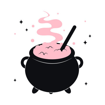 Cauldron with pink witch poison. Scary Devils Cauldron Halloween Decoration. Vector cute illustration of black witch pot in trendy colors for postcard, flyer, banner. Happy Halloween.