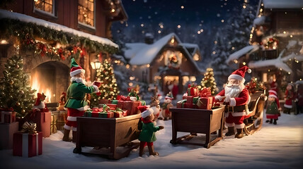It's a busy night at the North Pole as the elves rush to get everything ready for Santa's big journey. With a touch of whimsy, they carefully place gifts onto the sleigh, making sure each one is perfe